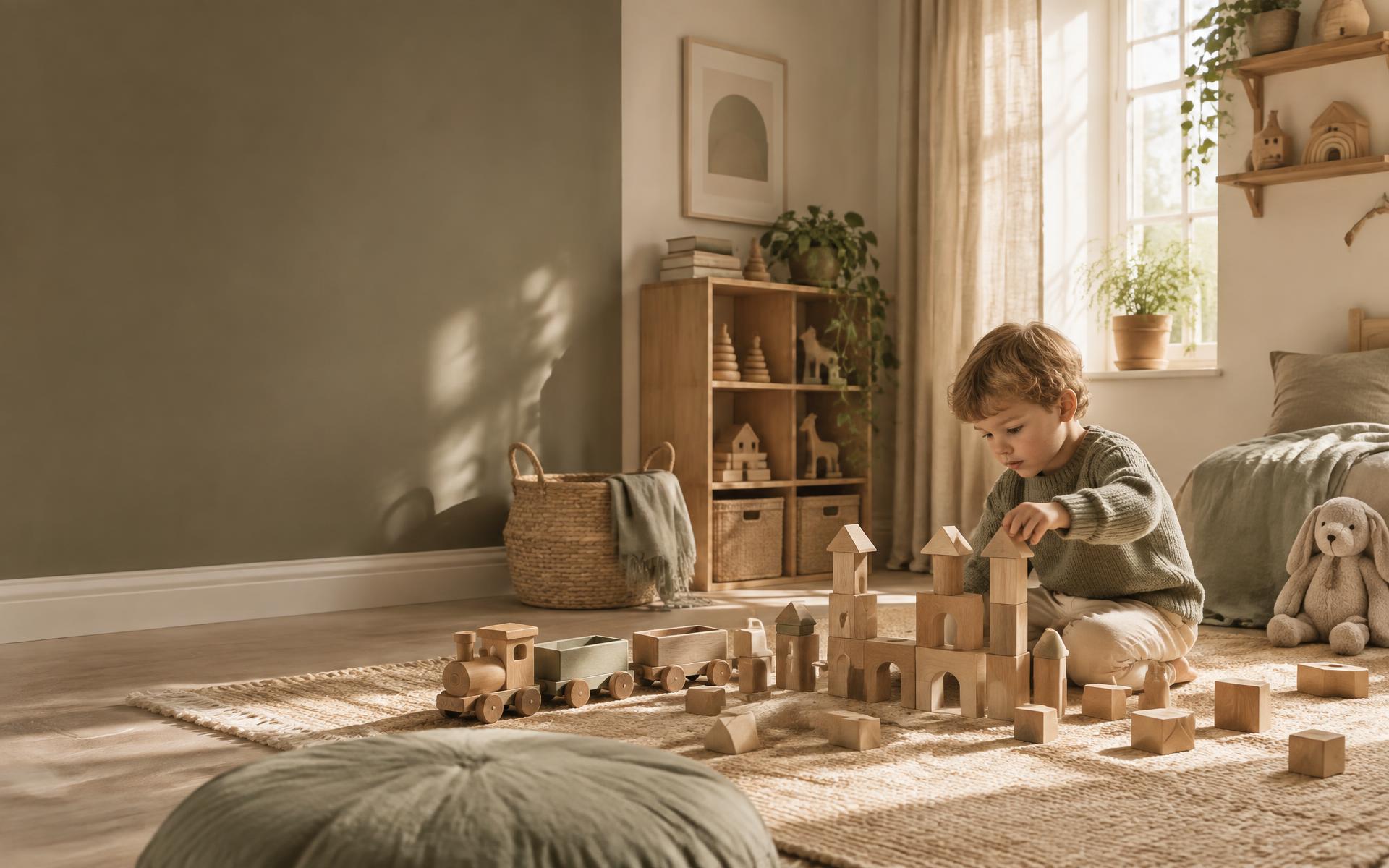 Kind speelt met houten blokken en een trein in een warme kinderkamer